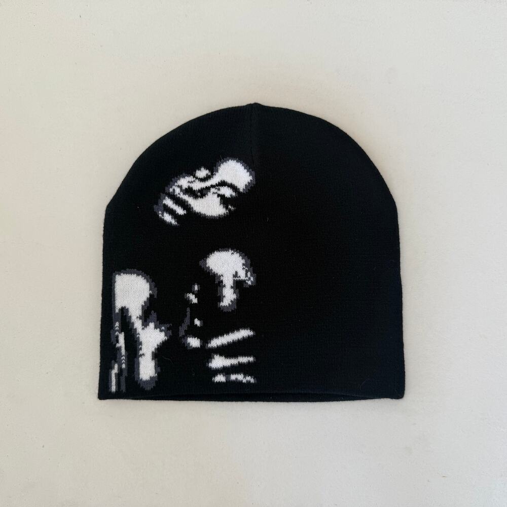 grunge gothic punk ghost face cozy black and white beanie
